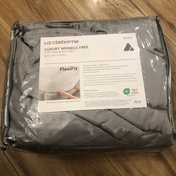 Liz Claiborne 600TC Cotton Wrinkle Free Sheet Set-Gray-Queen size